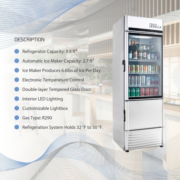 Premium Levella® 12.5 Cu. Ft. Single Glass Door Upright Display Cooler Refrigerator with Automatic Ice Maker