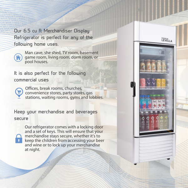 Premium Levella® 6.5 Cu. Ft. Single Glass Door Upright Display Cooler. Merchandiser Refrigerator.