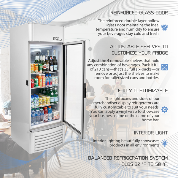 Premium Levella® 9.0 Cu. Ft. Single Glass Door Upright Display Cooler. Merchandiser Refrigerator