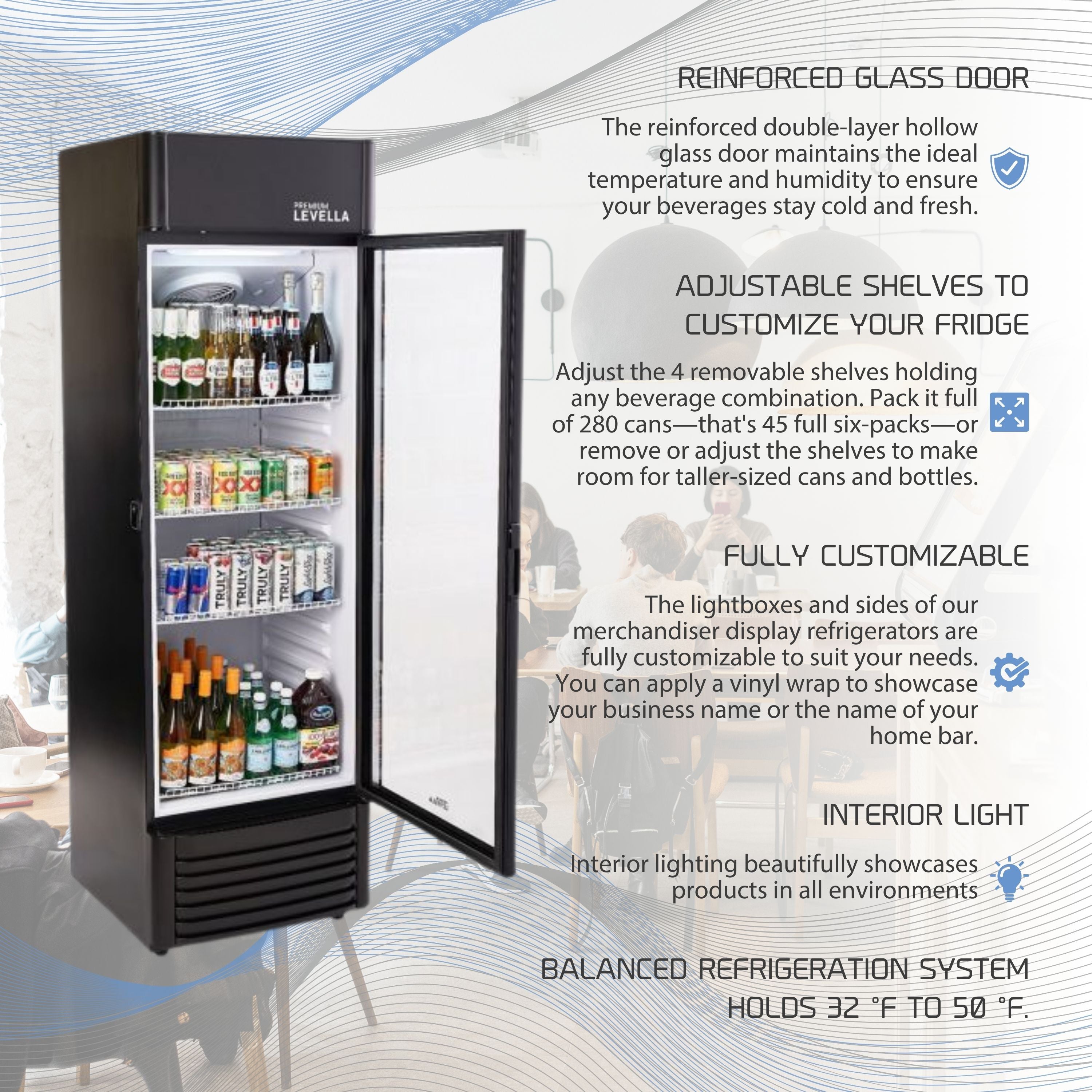 Premium Levella®  12.5 Cu. Ft. Single Glass Door Upright Display Cooler. Merchandiser Refrigerator