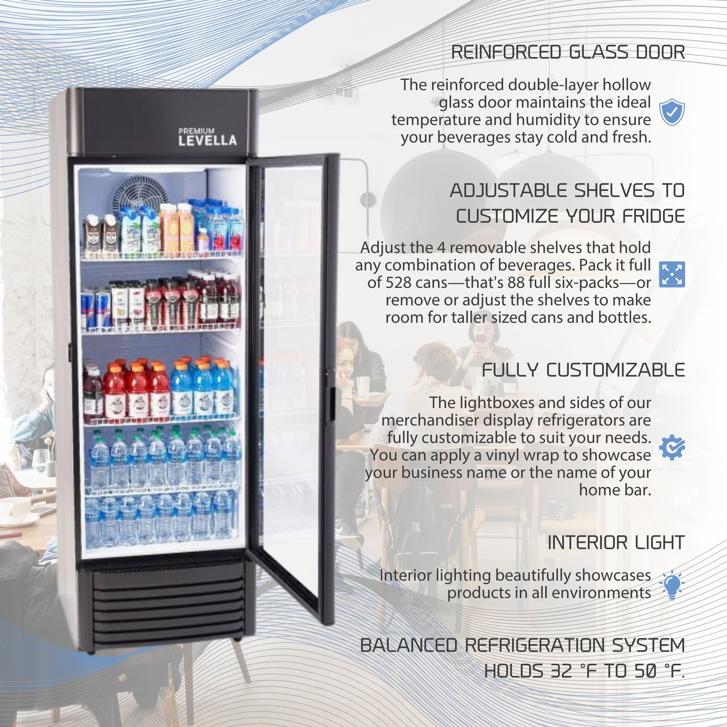Premium Levella® 15.5 Cu. Ft. Single Glass Door Upright Display Cooler. Merchandiser Refrigerator.