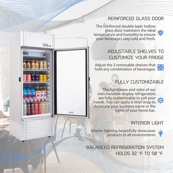 Premium Levella® 6.5 Cu. Ft. Single Glass Door Upright Display Cooler. Merchandiser Refrigerator.