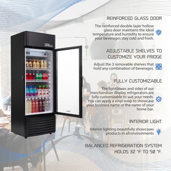 Premium Levella®  6.5 Cu. Ft. Single Glass Door Upright Display Cooler. Merchandiser Refrigerator.