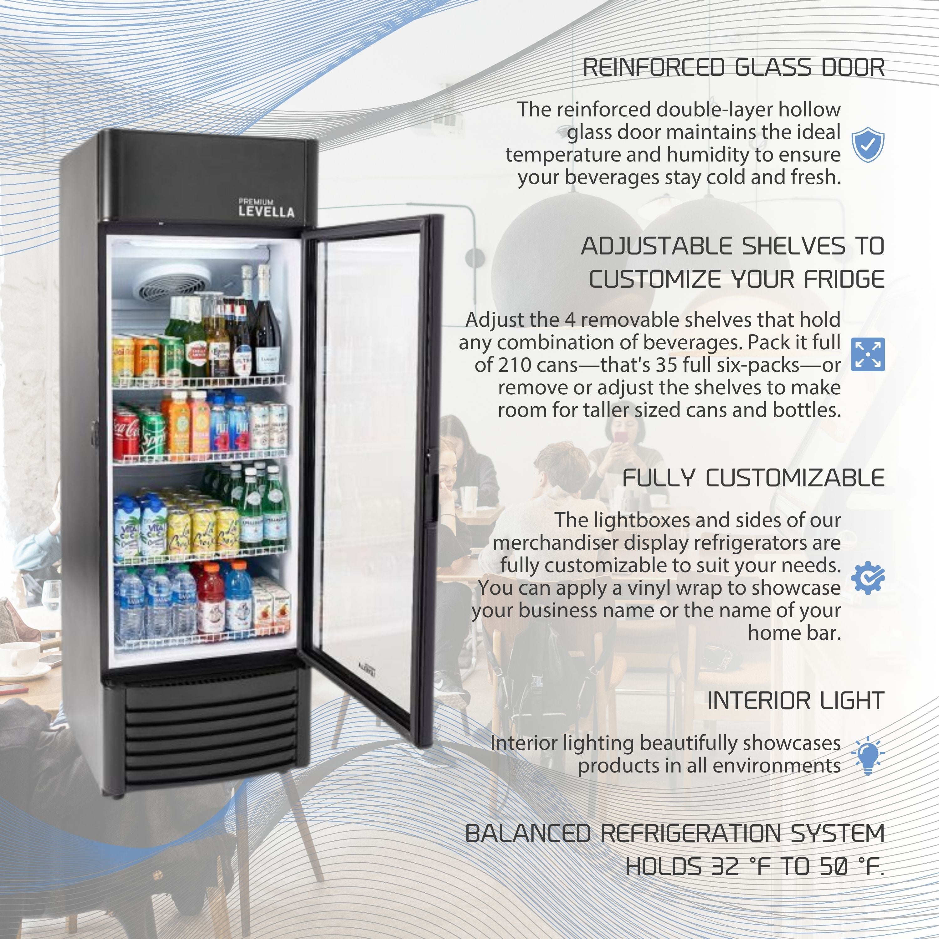Premium Levella® 9.0 Cu. Ft. Single Glass Door Upright Display Cooler. Merchandiser Refrigerator.