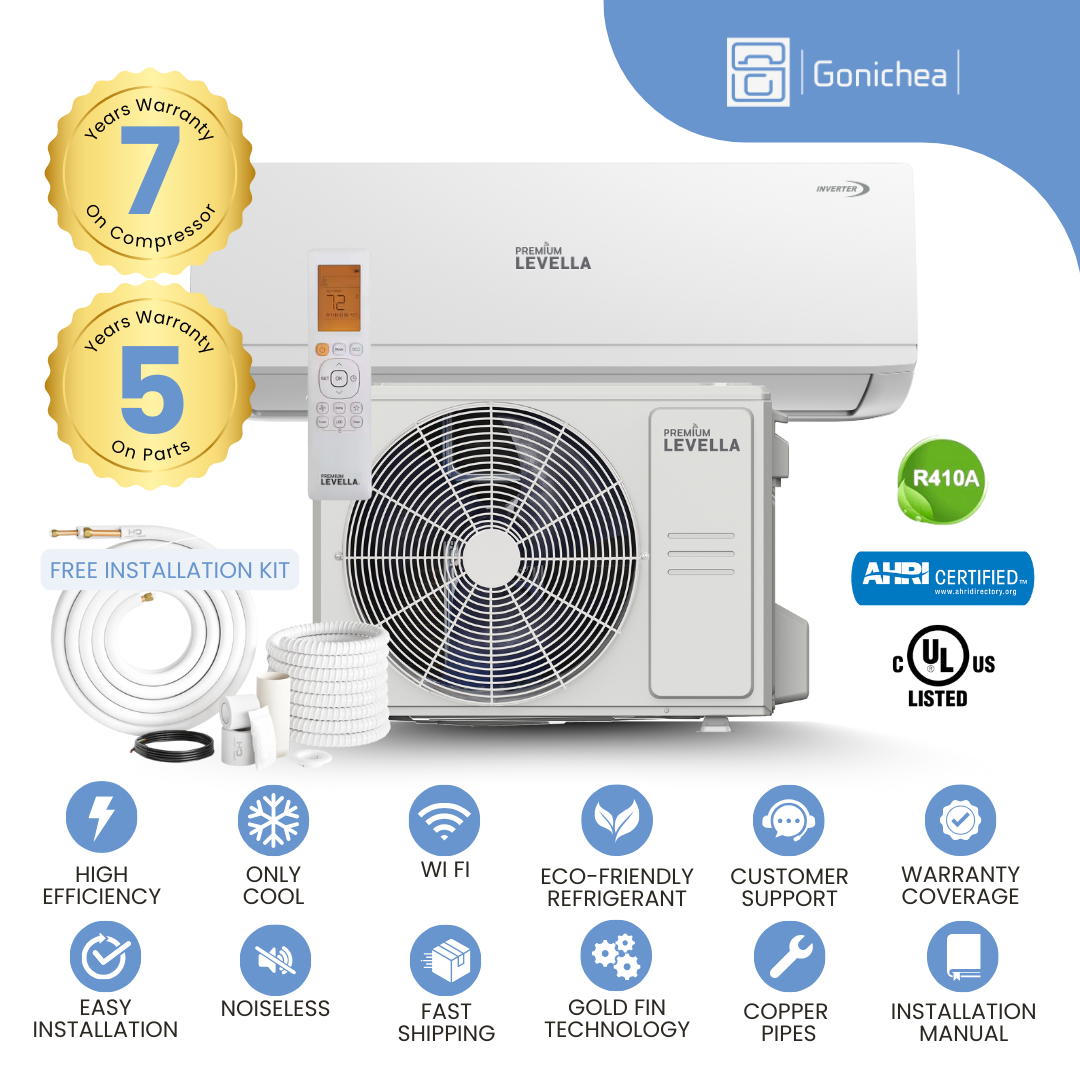 Premium Levella® 11,500 BTU 21.5 SEER2 Ductless Mini-Split Inverter Air Conditioner Only Cold System Full Set 230V. WIFI Included.