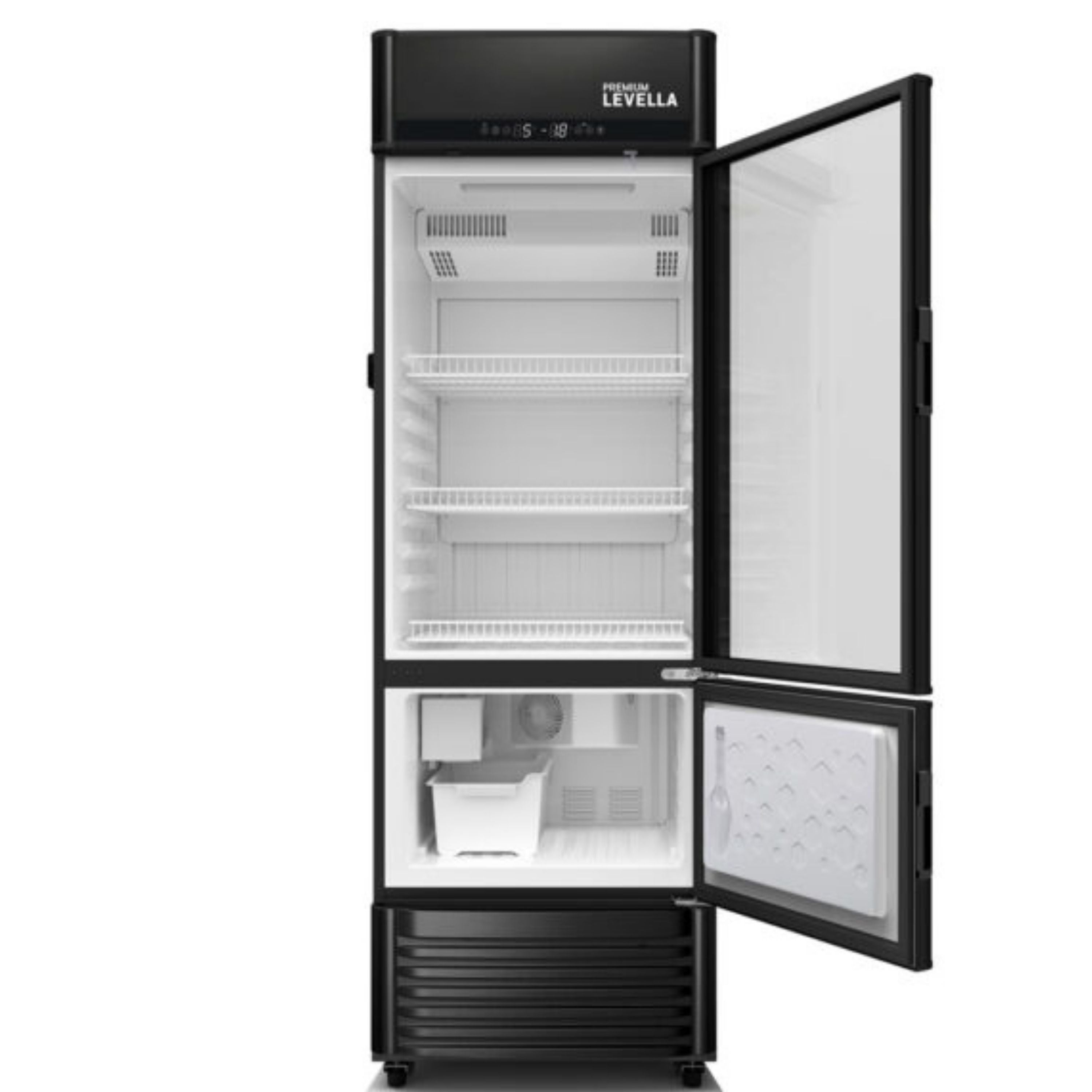 Premium Levella® 12.5 Cu. Ft. Single Glass Door Upright Display Cooler Refrigerator with Automatic Ice Maker.
