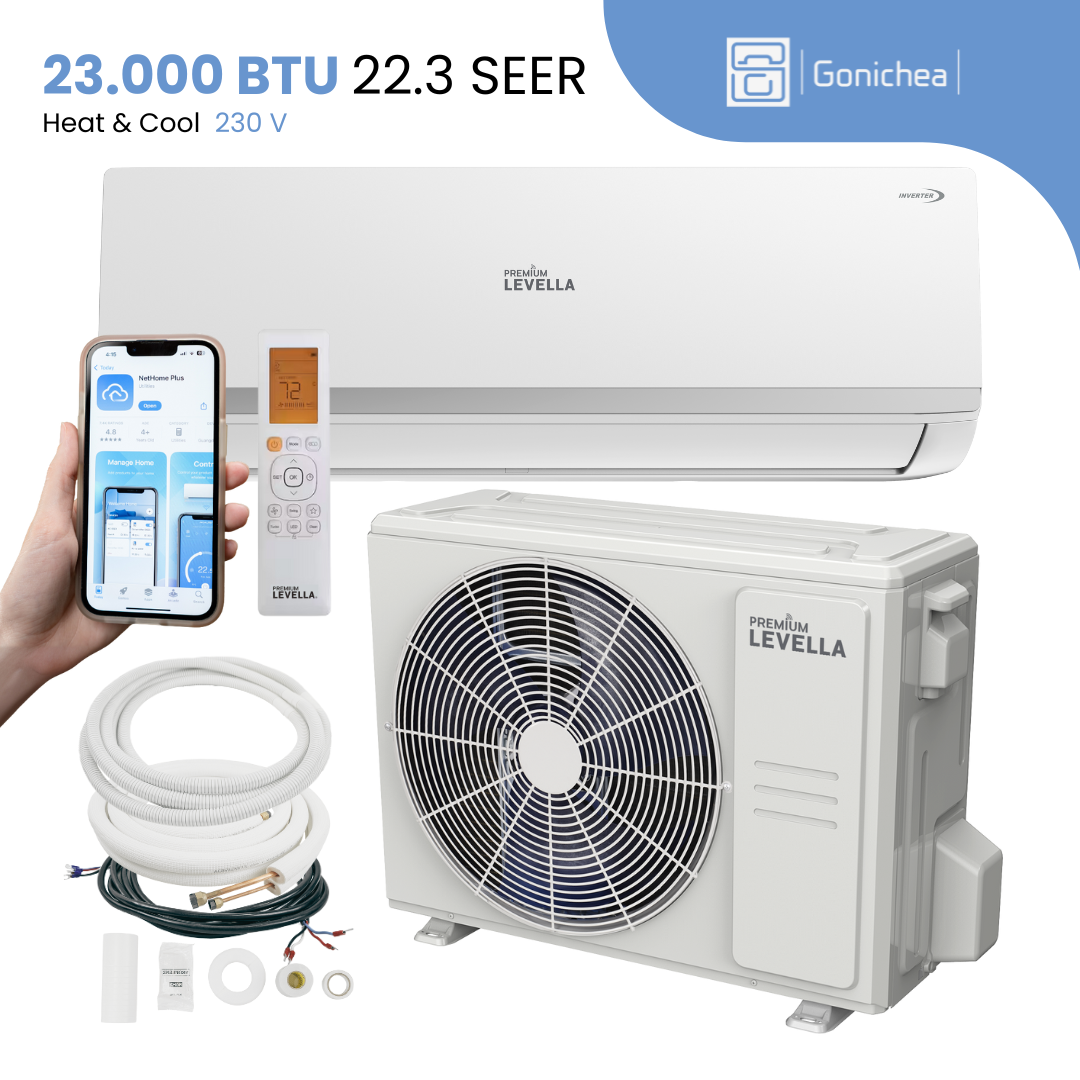 Premium Levella® 23,000 BTU 22.3 SEER2 Ductless Mini-Split Inverter Air Conditioner Heat Pump System Full Set 230V. WIFI Included.