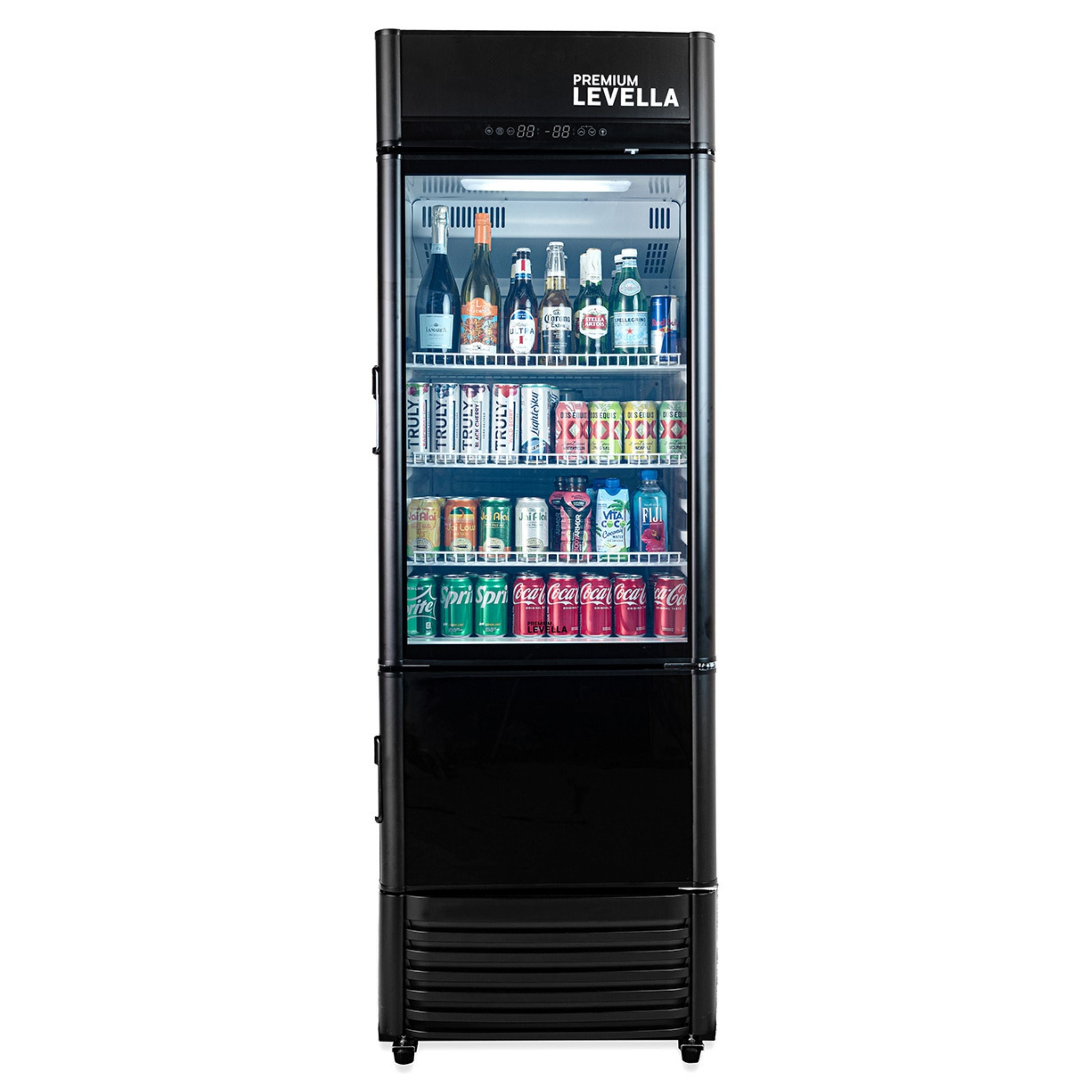 Premium Levella® 12.5 Cu. Ft. Single Glass Door Upright Display Cooler Refrigerator with Automatic Ice Maker.