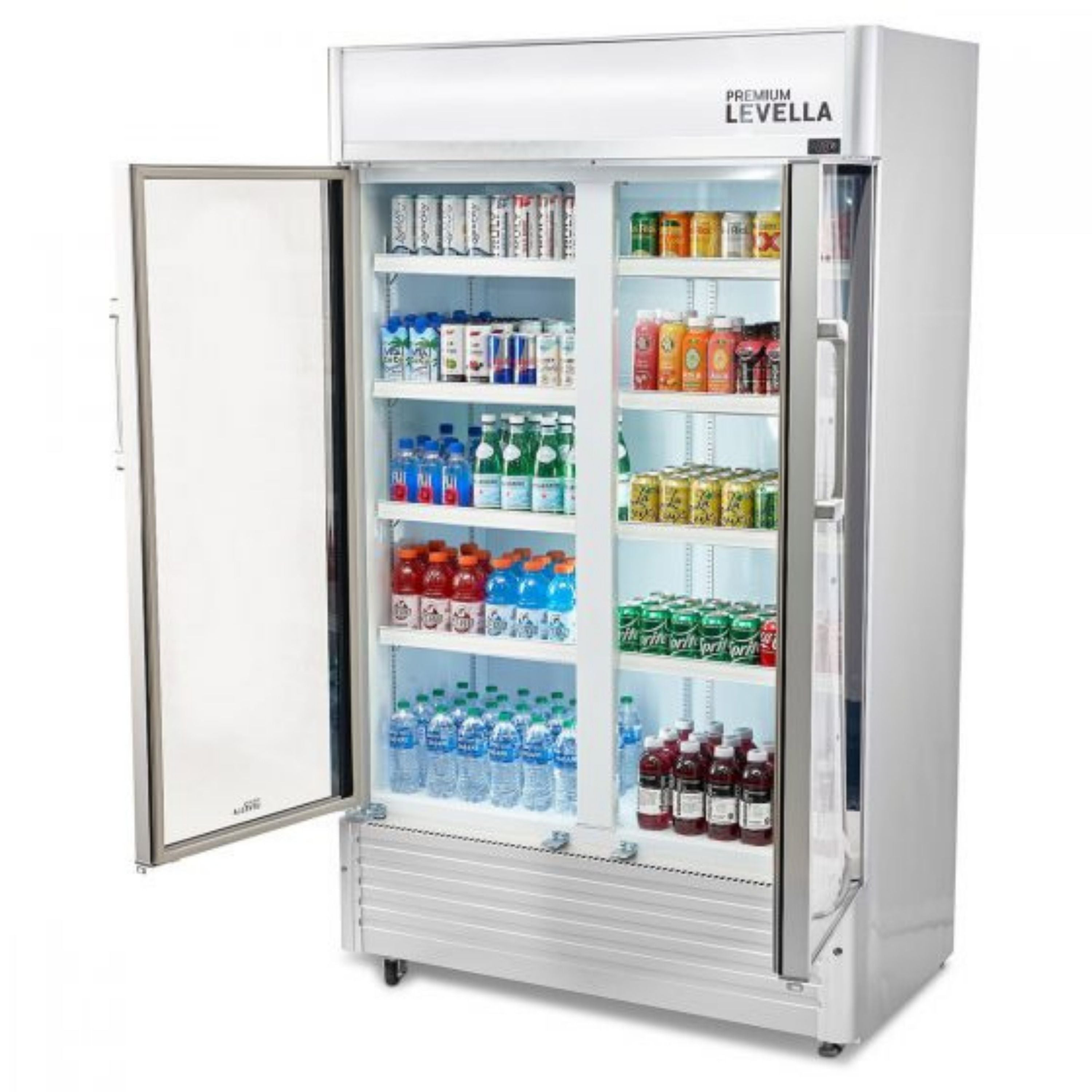 Premium Levella®  29 Cu. Ft. Double Glass Door Upright Display Cooler. Merchandiser Refrigerator.