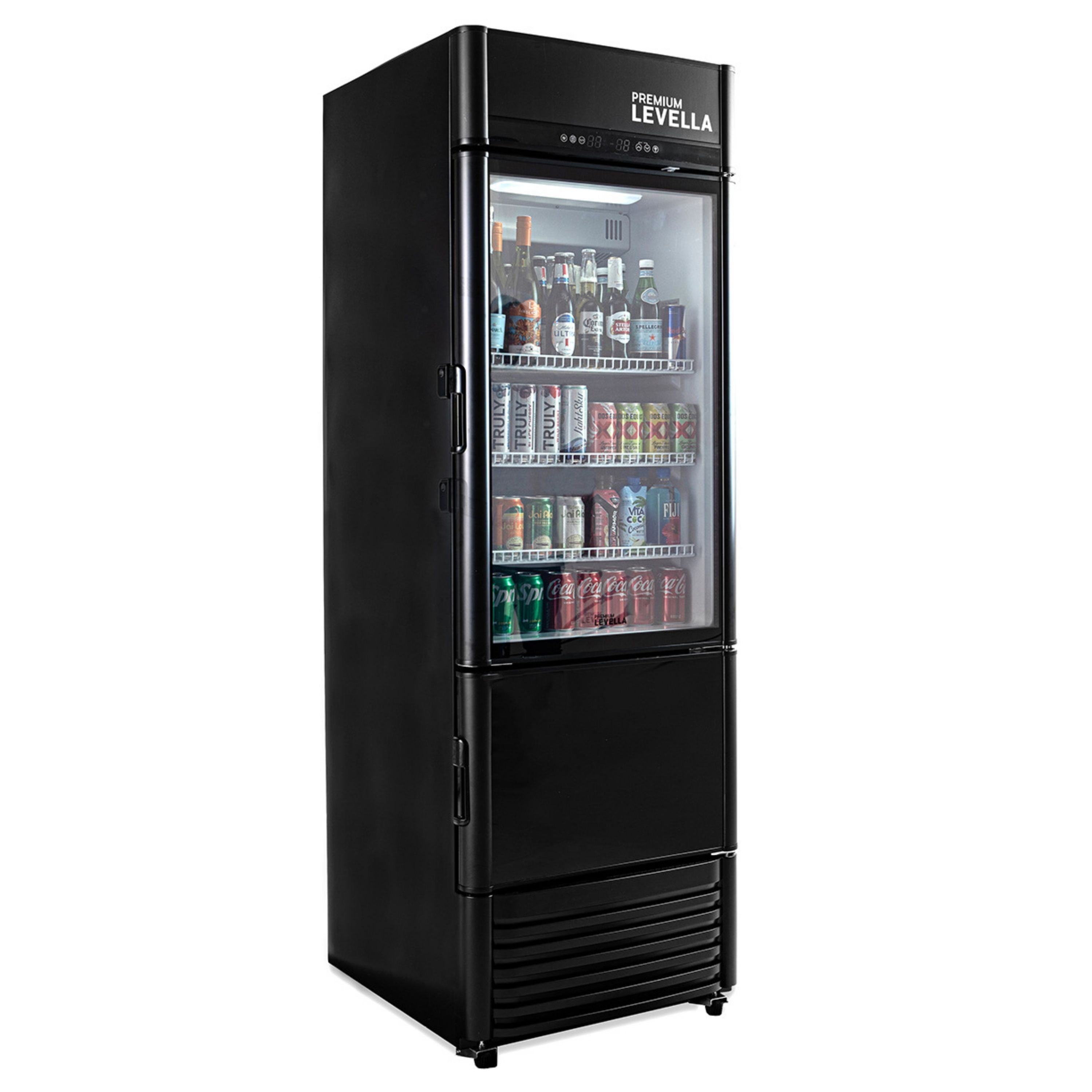 Premium Levella® 12.5 Cu. Ft. Single Glass Door Upright Display Cooler Refrigerator with Automatic Ice Maker.