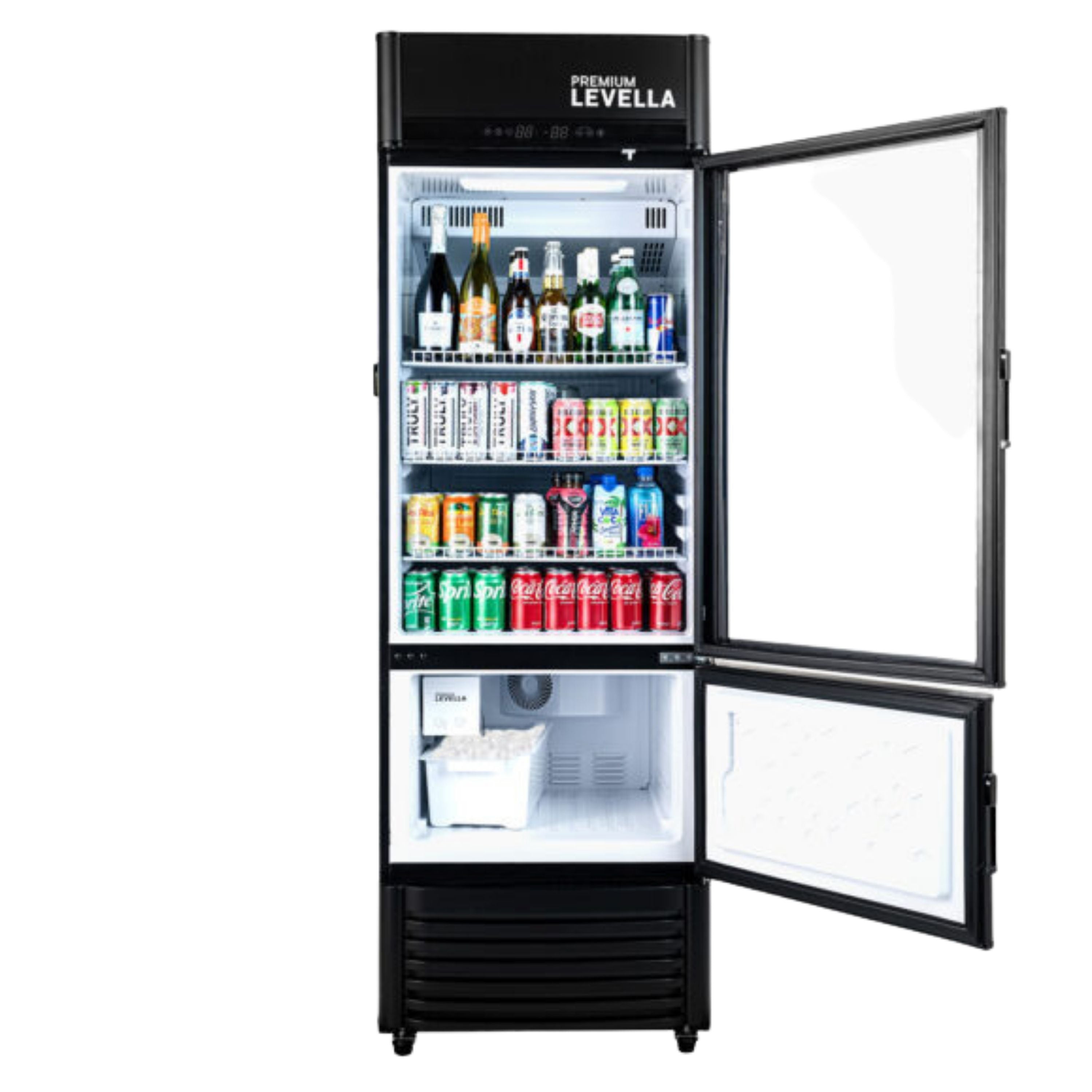 Premium Levella® 12.5 Cu. Ft. Single Glass Door Upright Display Cooler Refrigerator with Automatic Ice Maker.