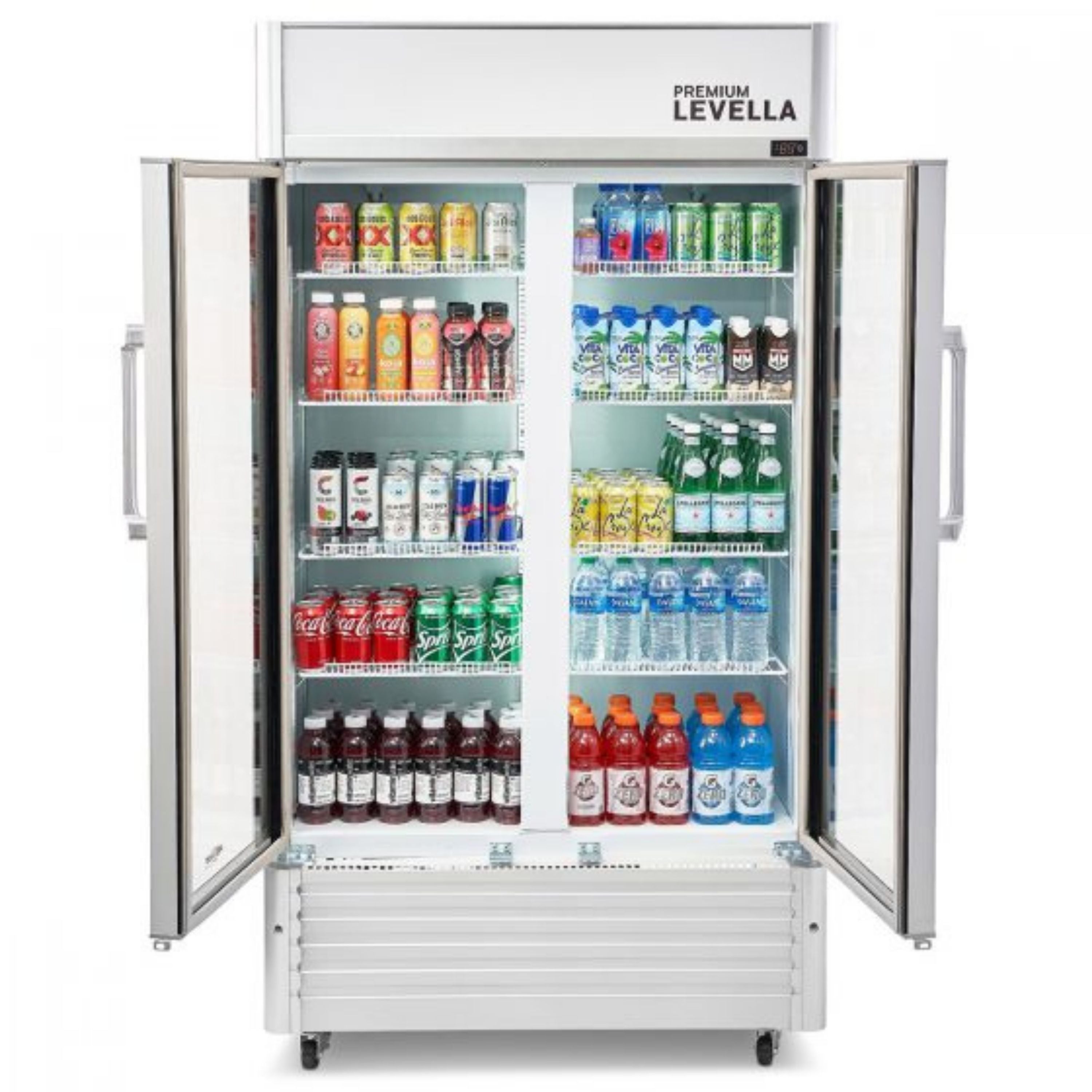 Premium Levella® 16 Cu. Ft. Double Glass Door Upright Display Cooler. Merchandiser Refrigerator.