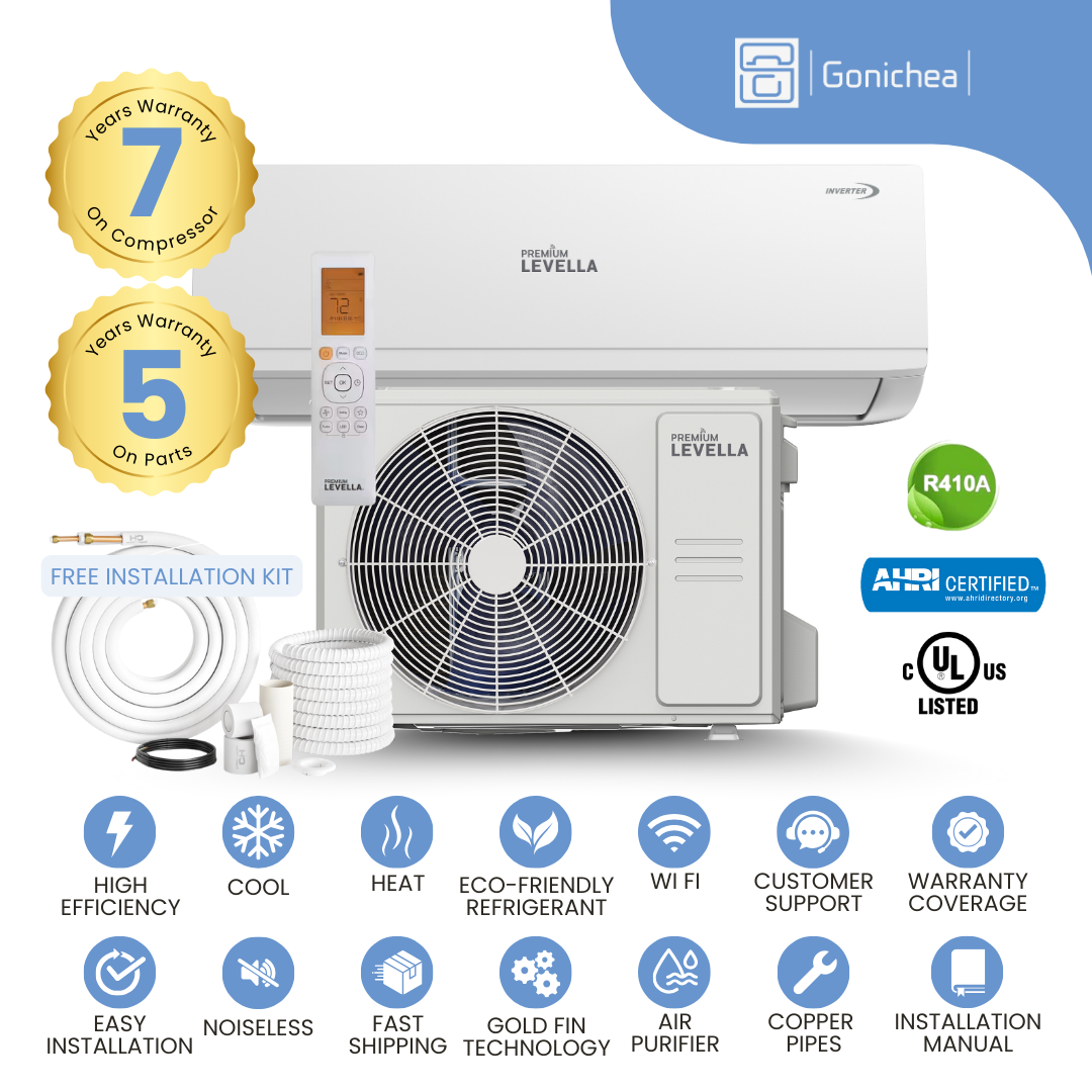 Premium Levella® 12,000 BTU 17.60 SEER2 Ductless Mini-Split Inverter Air Conditioner Heat Pump System Full Set 230V. WIFI Included.