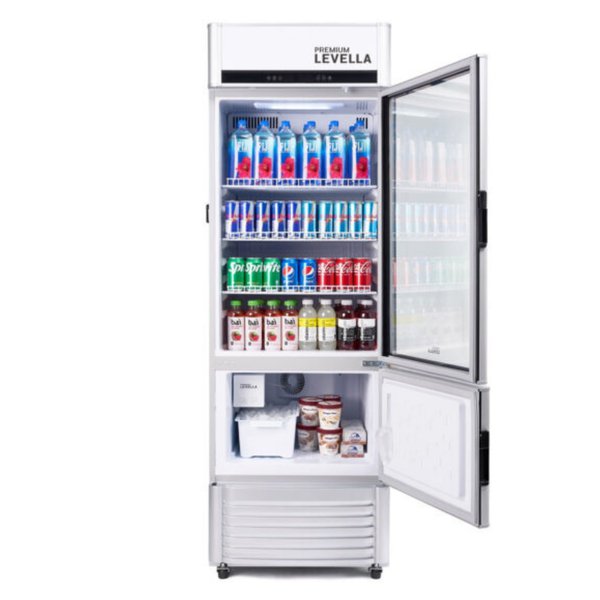 Premium Levella® 12.5 Cu. Ft. Single Glass Door Upright Display Cooler Refrigerator with Automatic Ice Maker