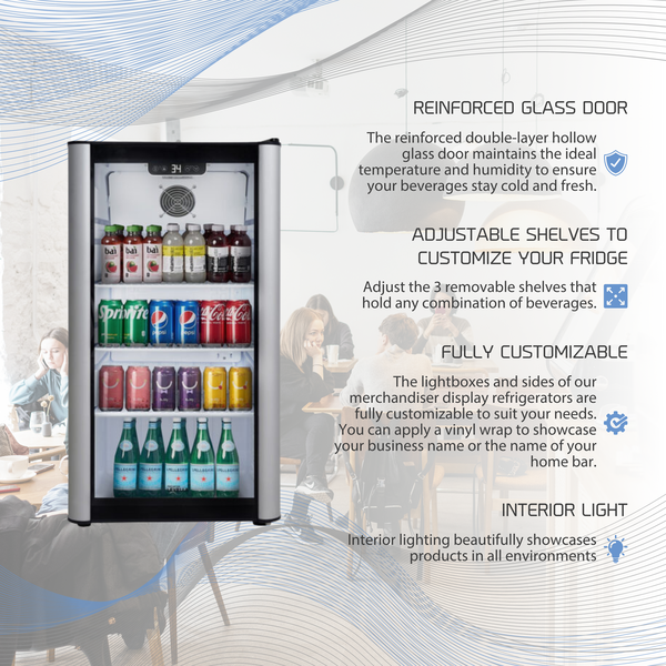 Premium Levella® 3.1 Cu. F.t Single Glass Door Upright Display Cooler. Merchandiser Refrigerator.