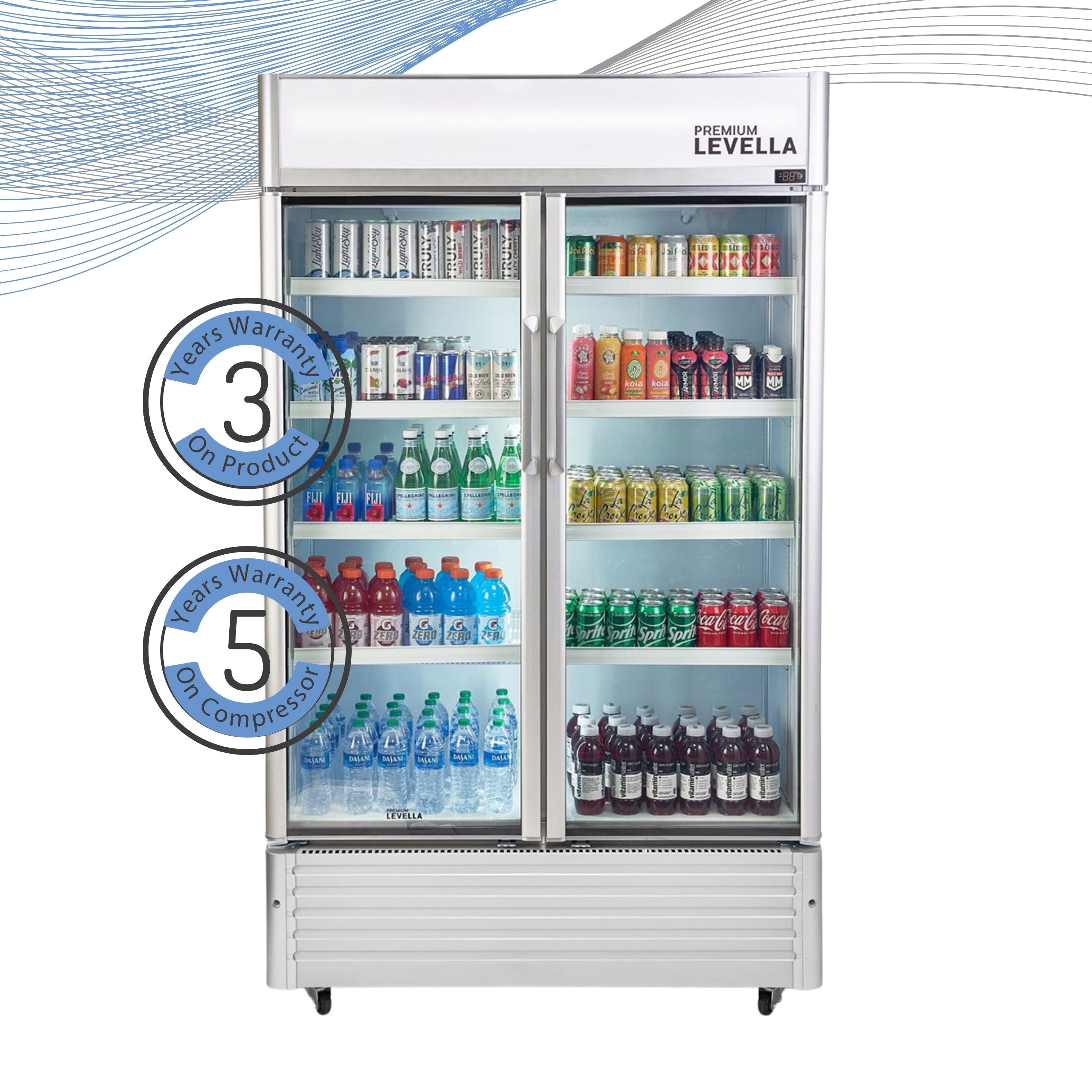 Premium Levella®  29 Cu. Ft. Double Glass Door Upright Display Cooler. Merchandiser Refrigerator.