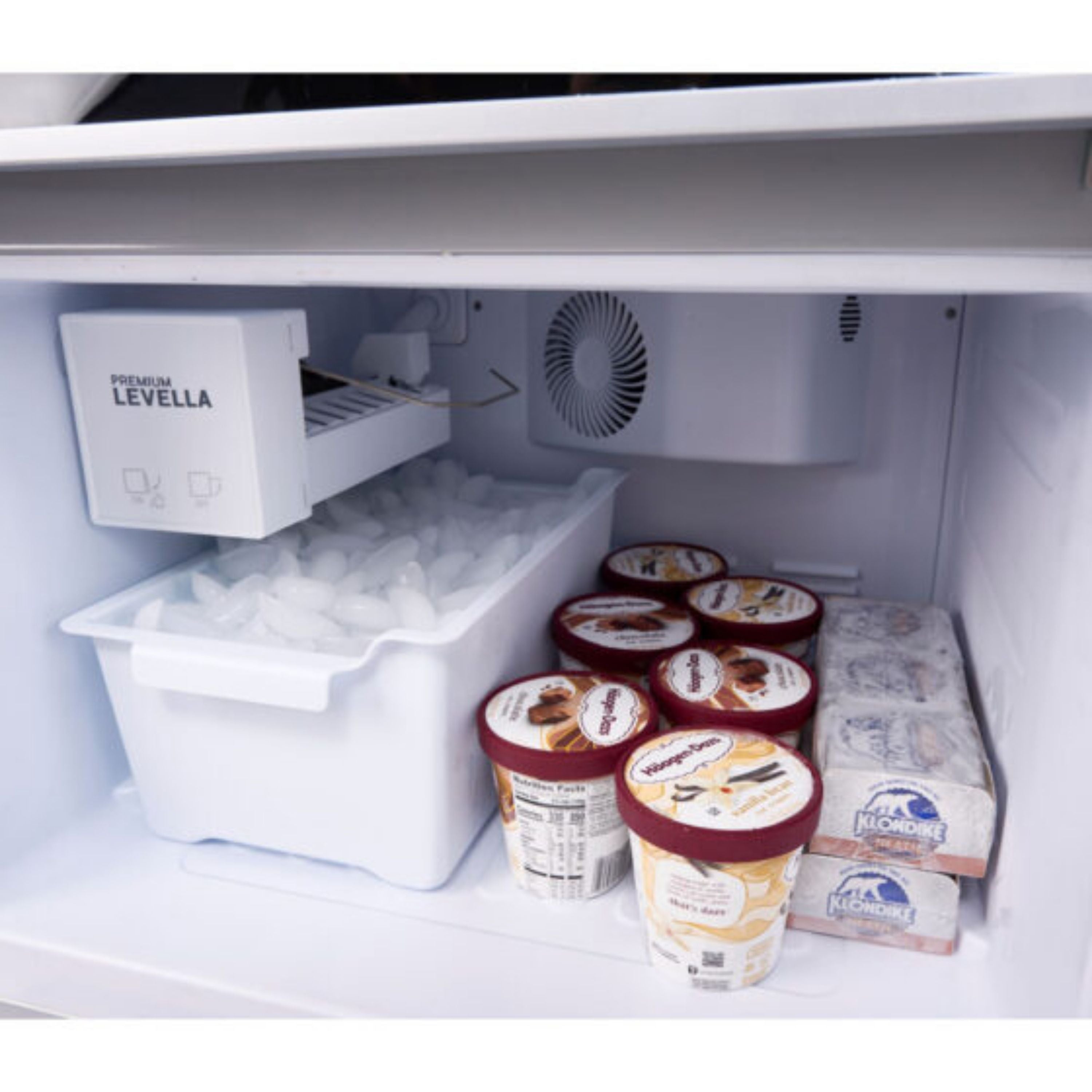 Premium Levella® 12.5 Cu. Ft. Single Glass Door Upright Display Cooler Refrigerator with Automatic Ice Maker.