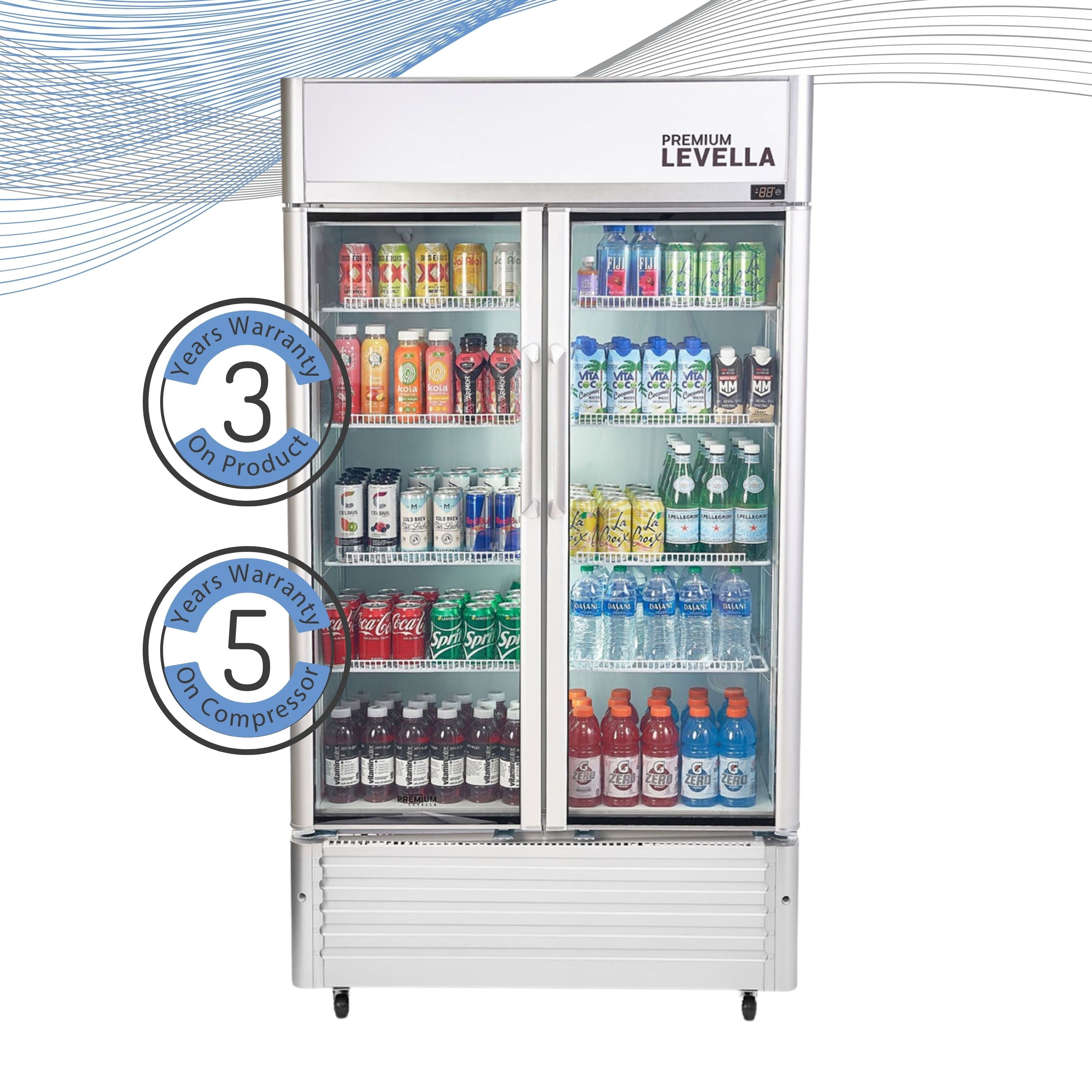 Premium Levella® 18.0 Cu. Ft. Double Glass Door Upright Display Cooler. Merchandiser Refrigerator