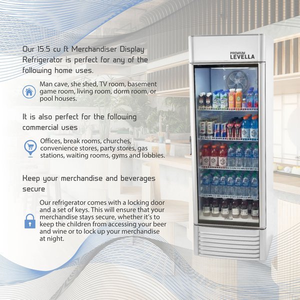 Premium Levella® 15.5 Cu. Ft. Single Glass Door Upright Display Cooler. Merchandiser Refrigerator.