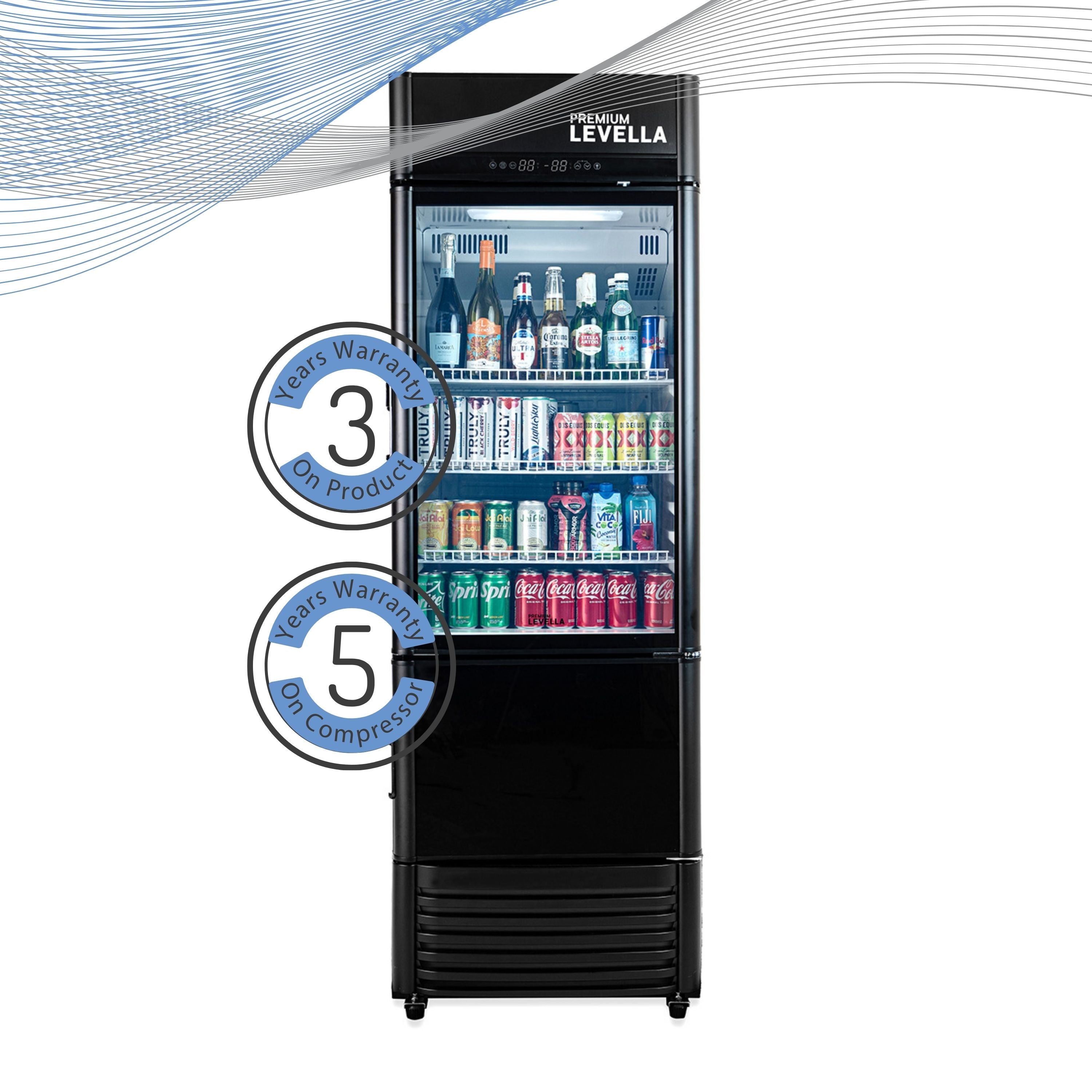 Premium Levella® 12.5 Cu. Ft. Single Glass Door Upright Display Cooler Refrigerator with Automatic Ice Maker.