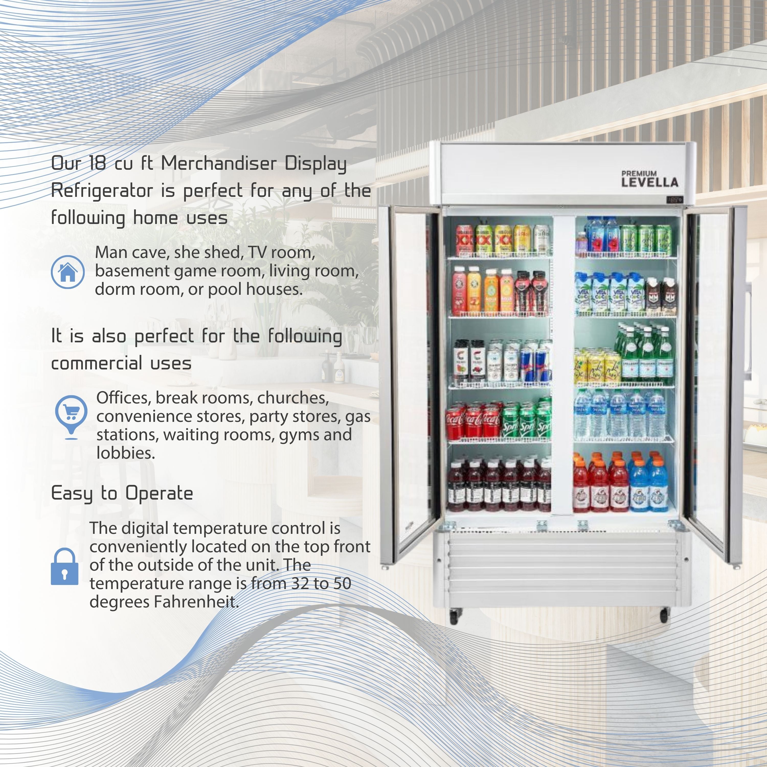 Premium Levella® 18.0 Cu. Ft. Double Glass Door Upright Display Cooler. Merchandiser Refrigerator