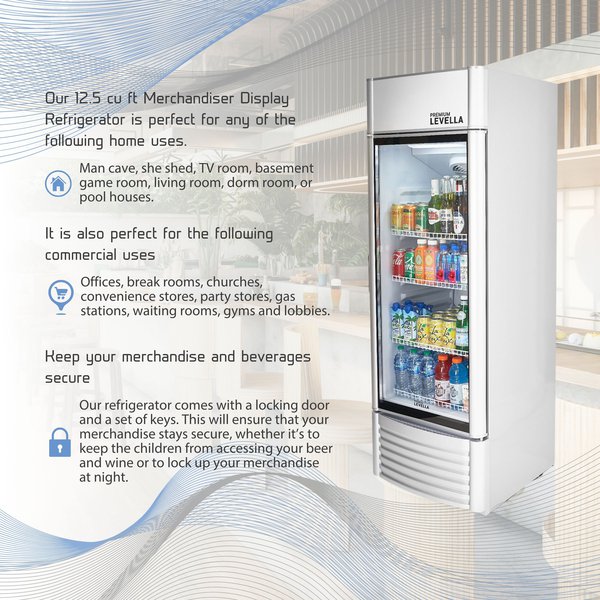 Premium Levella® 12.5 Cu. Ft. Single Glass Door Upright Display Cooler. Merchandiser Refrigerator.