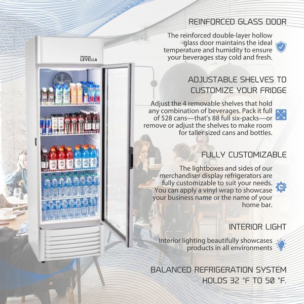 Premium Levella® 15.5 Cu. Ft. Single Glass Door Upright Display Cooler. Merchandiser Refrigerator.