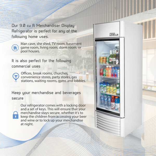 Premium Levella® 9.0 Cu. Ft. Single Glass Door Upright Display Cooler. Merchandiser Refrigerator