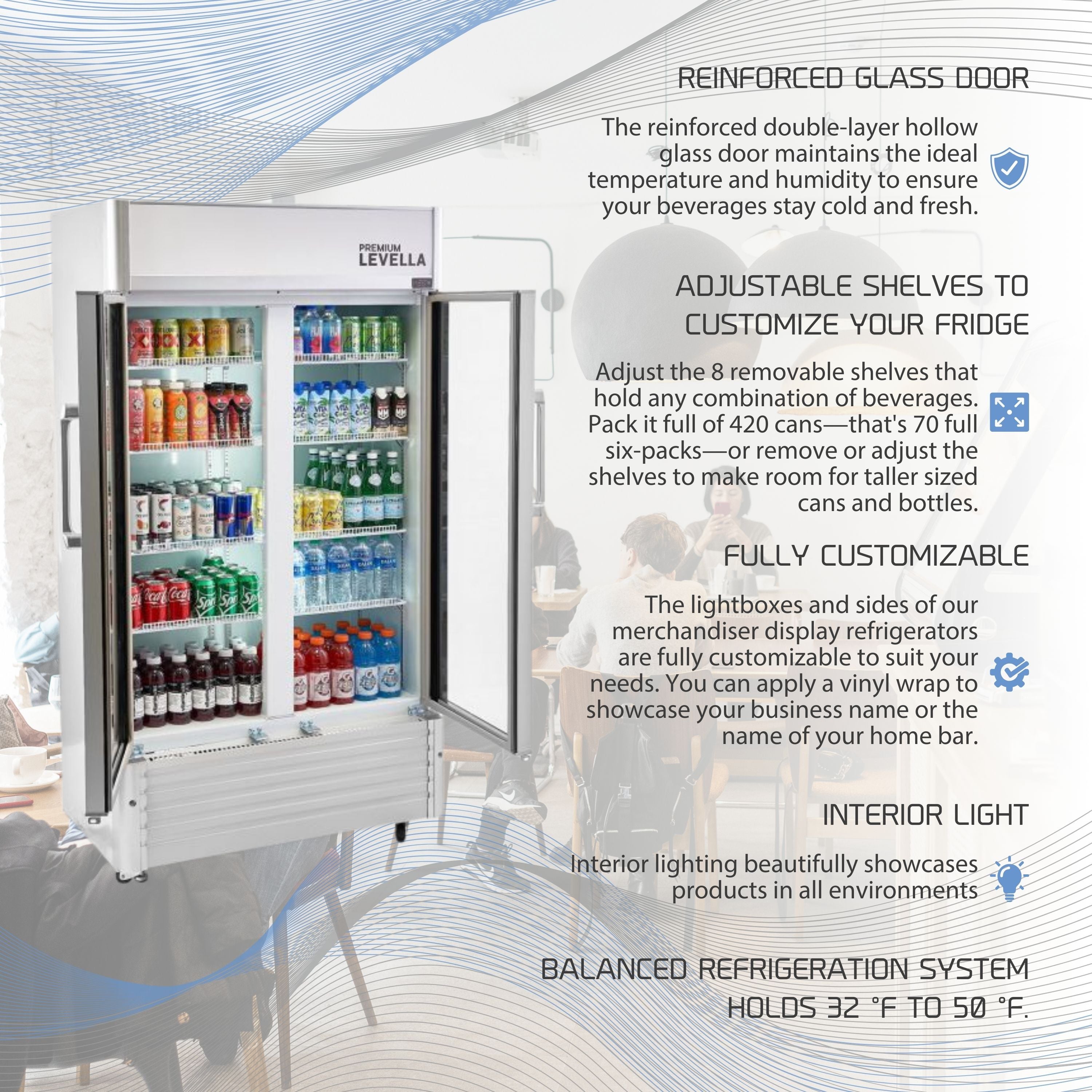 Premium Levella® 16 Cu. Ft. Double Glass Door Upright Display Cooler. Merchandiser Refrigerator.