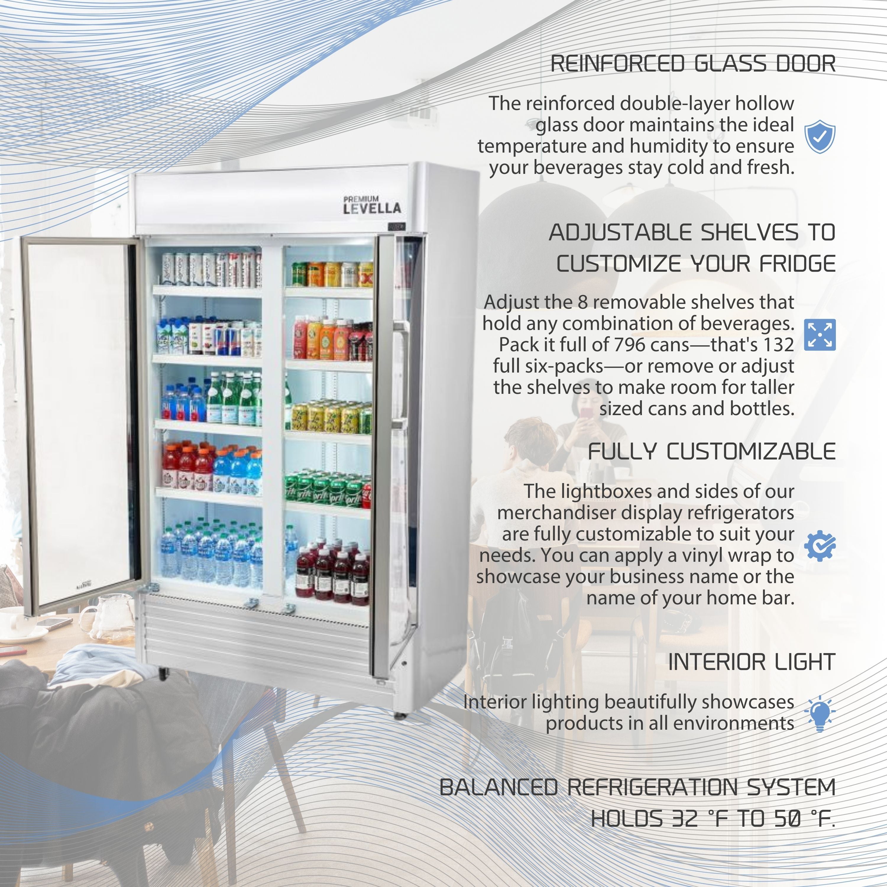 Premium Levella®  29 Cu. Ft. Double Glass Door Upright Display Cooler. Merchandiser Refrigerator.